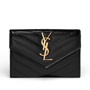 SAINT LAURENT Small Black Grained Leather Cassandre Envelope Wallet